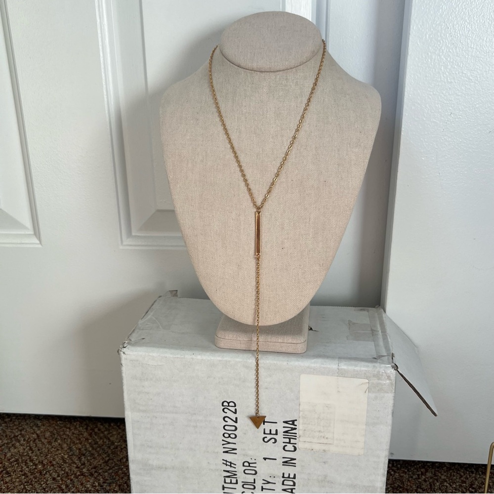 Gold Tone Y Lariat Chain Necklace Triangle Charm Pendant Dainty Thin